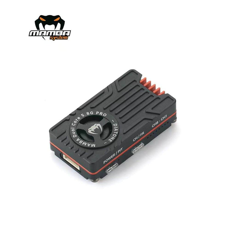 MAMBA video transmitter with black CNC housing and cooling fan ports