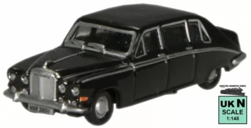 Black 1:148 diecast sedan model with detailed chrome front, left front view