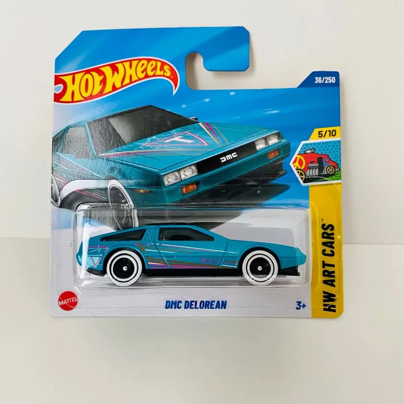 Aqua blue DMC DeLorean diecast car on Hot Wheels short card, Art Cars style, 5/10.