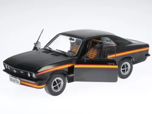 Black diecast model car with orange side stripe, front door open, front three-quarter view