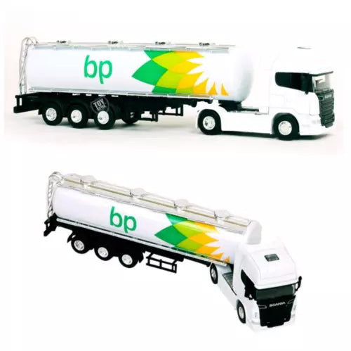 Die-cast bp oil tanker truck model with cylindrical tanker and wheels, white with green and blue logo