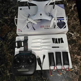 GPS drone kit with white quadcopter, black controller, propellers and accessory parts