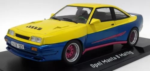 Yellow and blue 1:18 scale diecast model car with red wheel accents