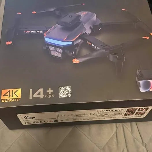 Drone packaging box with 4K Ultra HD label and warning icons