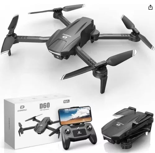Foldable black drone with camera, four rotors, and handheld controller with screen