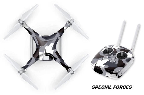 Geometric black-and-gray drone wrap skin decal set for quadcopter and controller