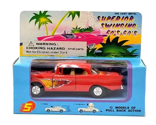 Red 1956 Chevy pull-back diecast car toy with flame decals