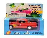 Red 1956 Chevy pull-back diecast car toy with flame decals