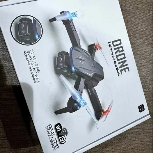 Drone with camera, gray quadcopter with four propellers