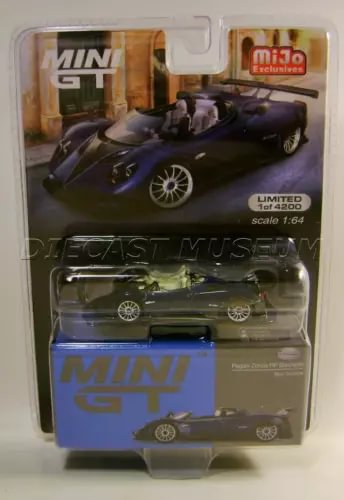 Die-cast car model in blister pack, dark blue Pagani Zonda HP Barchetta