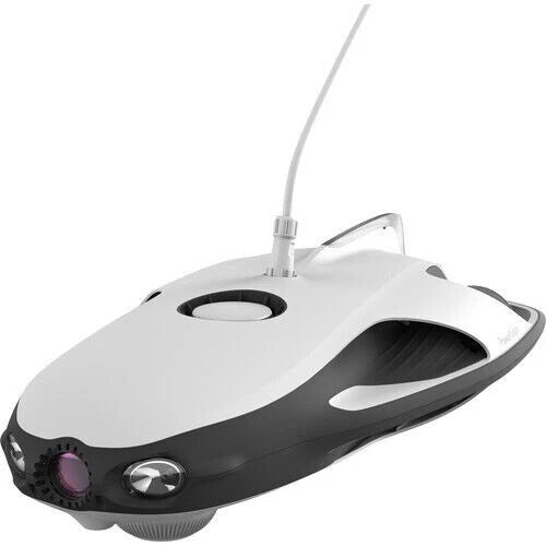 Underwater ROV kit vehicle with white top and dark nose, front lights and intake vents