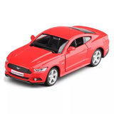 Red 1/36 scale Ford Mustang diecast toy sports car, front 3/4 view with chrome wheels