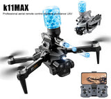Foldable quadcopter drone with blue LED lights and built-in camera, black