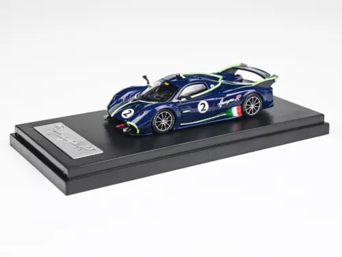 Blue racing diecast model car with number 2 on display base