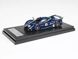 Blue racing diecast model car with number 2 on display base