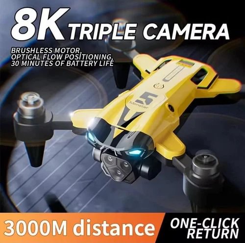 Yellow triple-camera drone with gimbal camera and propellers