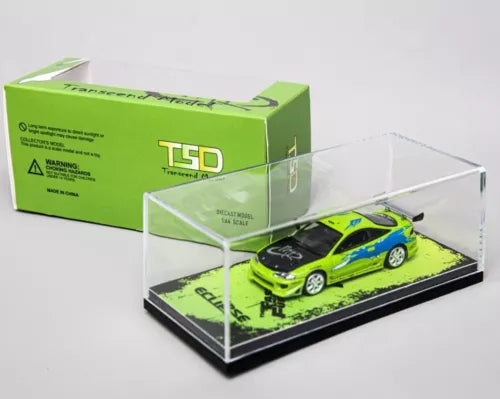 Transcend 1:64 diecast sports car in clear display case, neon green with black details