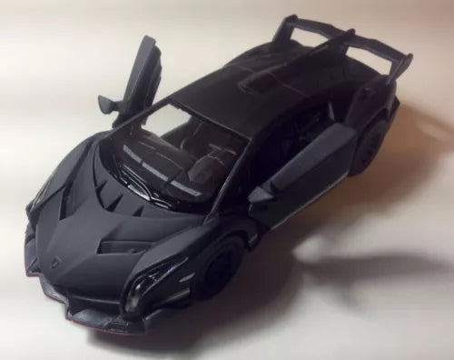Kinsmart matte black Lamborghini Veneno diecast car, 1:36 scale, front 3/4 view