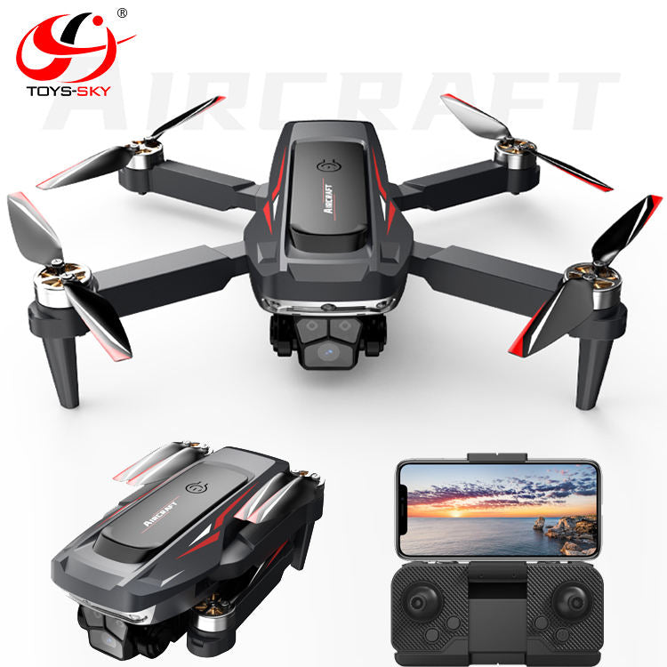 Mini quadcopter drone with front camera and four propellers
