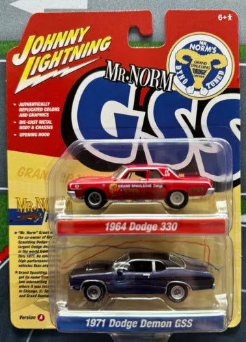 Diecast model car set with 1964 red Dodge 330 and 1971 black Dodge Demon GSS