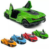 Green diecast model car with open doors; includes blue, red, and orange cars