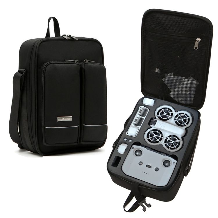 Black drone storage bag with shoulder strap, two front zip pockets