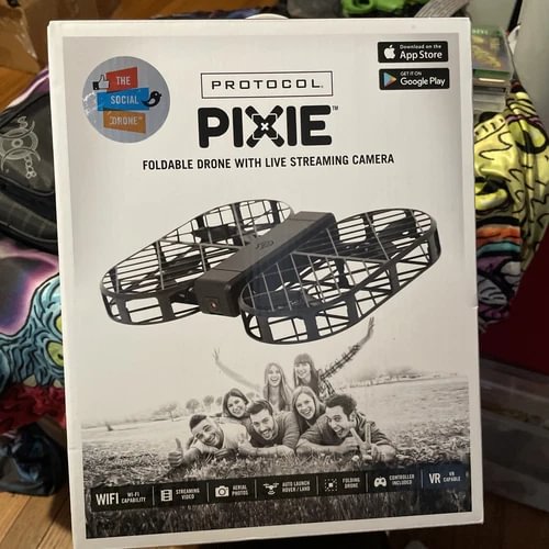 Protocol Pixie foldable drone box with live streaming camera, WiFi and VR icons