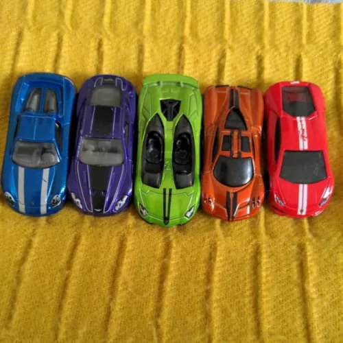 Set of 5 diecast supercars: blue, purple, green, orange, and red toy cars.