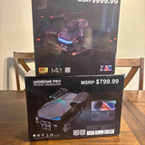 Black drone retail box with 4K illustrated quadcopter and remote accessories