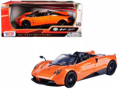 Orange roadster diecast model car with black wheels, shown in retail box