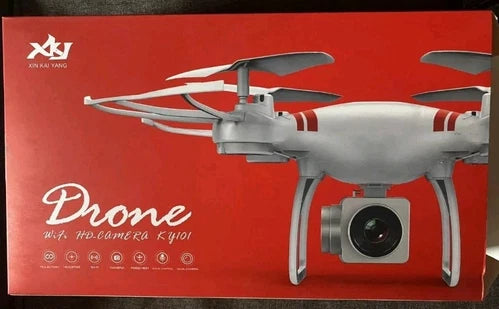 Red and white Wi-Fi HD camera drone with front propellers and mounted camera