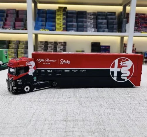 Red and black diecast enclosed double deck truck model with Alfa Romeo logo