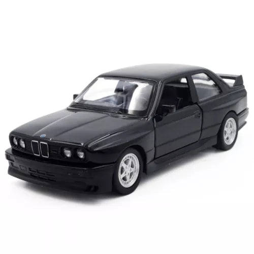 1:36 diecast BMW M3 model car, dark/black, front grille and white wheels visible
