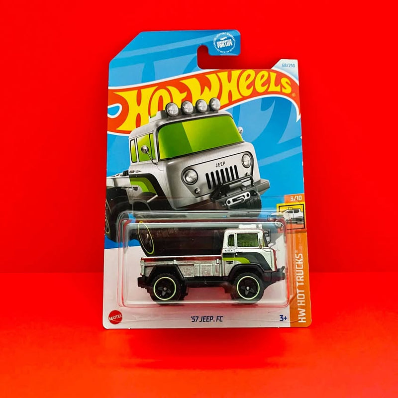 Jeep FC diecast truck in blister packaging, green and white with Hot Wheels badge