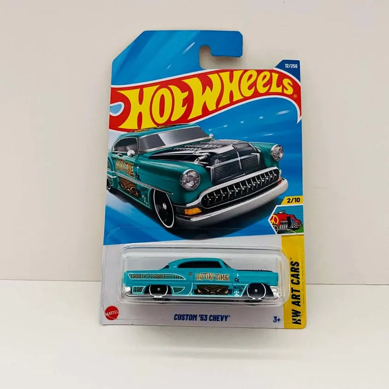 Teal vintage diecast car in Hot Wheels blister pack, black grille and wheels