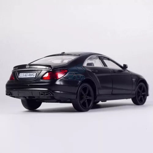 Matte black Mercedes-Benz CLS 63 AMG diecast model car toy, rear 3/4