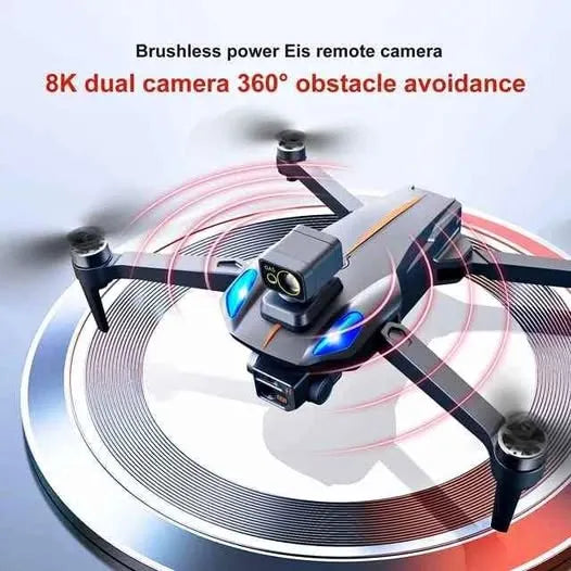 Foldable quadcopter drone with front camera, glowing sensors, and four propellers