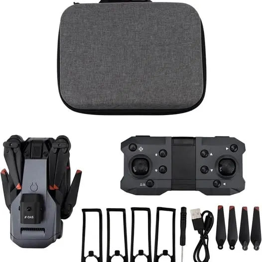 Dark gray drone carrying case with folded drone, controller, and propeller accessories