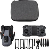 Dark gray drone carrying case with folded drone, controller, and propeller accessories