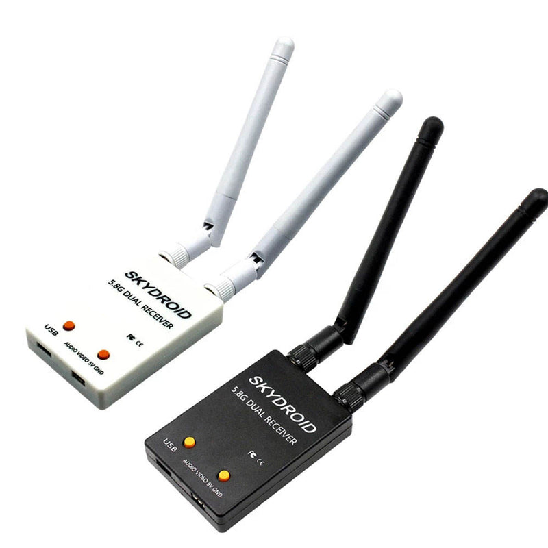 FPV 5.8G dual antenna receiver set with black and white units and four antennas