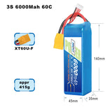 Blue 3S Li-ion pouch drone battery with red and white connector leads, label