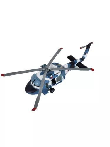 Blue and gray diecast helicopter toy with propeller and four rotor blades