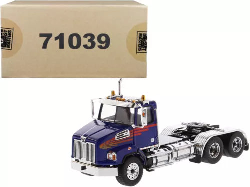 Blue day cab tandem tractor diecast model with chrome grille and front wheels