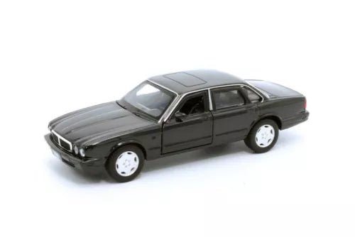 1/36 diecast sedan car, dark gray with white wheels, front three-quarter view