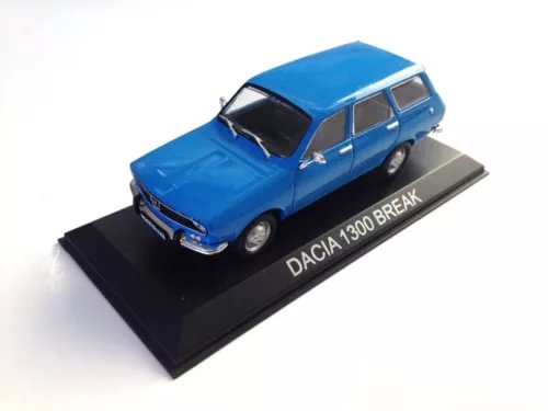 Blue diecast model car, Dacia 1300 Break on display base with black windows