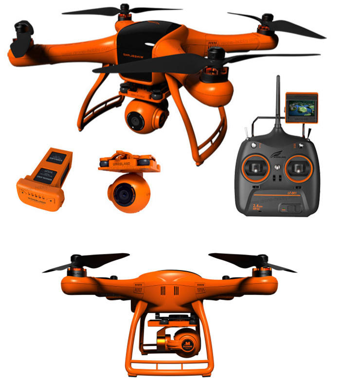 Orange quadcopter FPV drone with four propellers and front HD 1080P camera