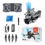 Grey RC quadcopter drone with blue LED light, four propellers, front camera module