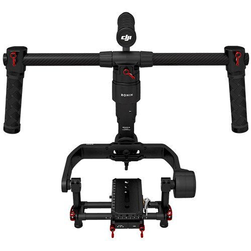 Black camera gimbal with dual side handles and stabilizer bar
