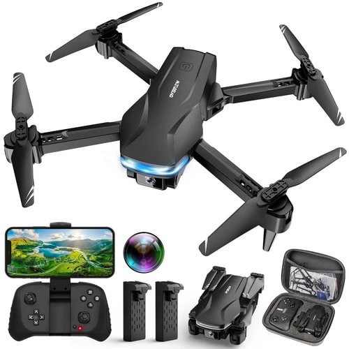 Foldable quadcopter drone with camera, black, with propellers and controller accessories