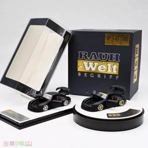 1:64 diecast car model set, black Porsche RWB 911, in retail box and display base